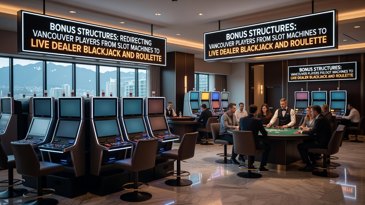 Close-up view of live dealer roulette wheel and blackjack table in a Vancouver casino with bonus signage visible